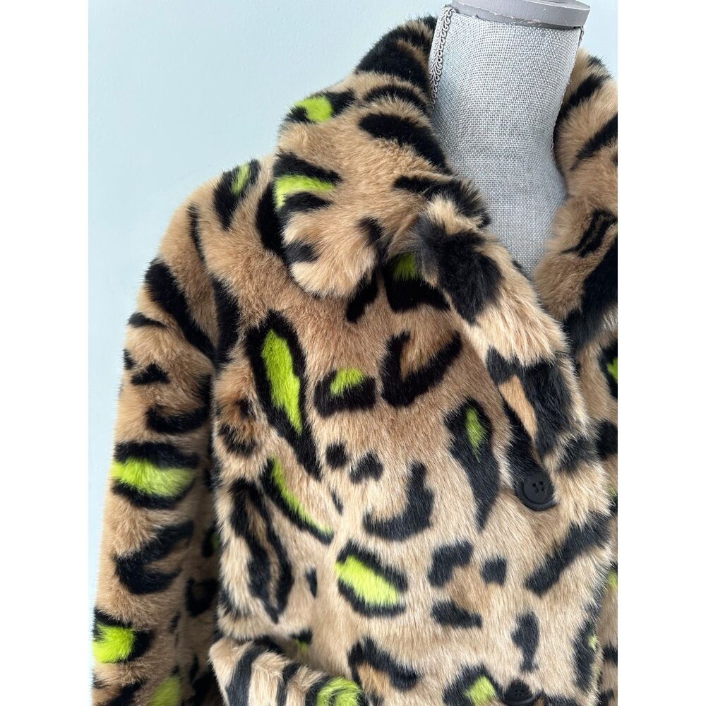 Topshop Animal Print Leopard Neon Green Faux Fur Coat Brown Jacket US 6 UK 10 - Picture 7 of 7